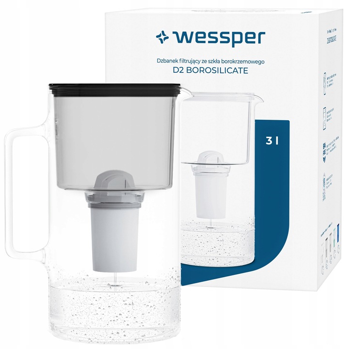 Dzbanek filtrujący szklany Wessper 3l D2 BOROSILICATE czarny + 1x