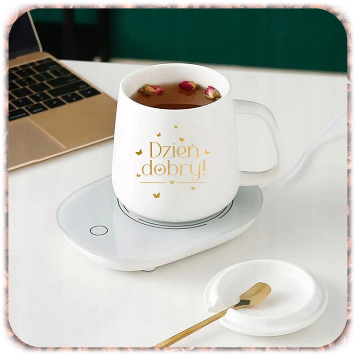 ZESTAW PREZENTOWY PODGRZEWACZ KABEL KUBEK POKRYWKA ŁYŻECZKA DO KAWY