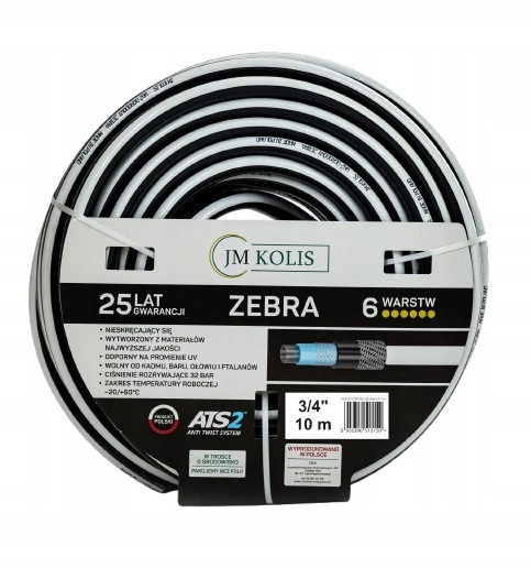 JM KOLIS Wąż ogrodowy ZEBRA 6-warstw 3/4' 10m trwały i solidny