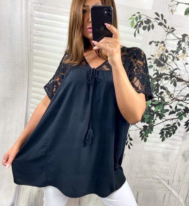 Tunika Luźna Damska Koronka Oversize Duże Rozmiary Czarna (50-56) roz. 52