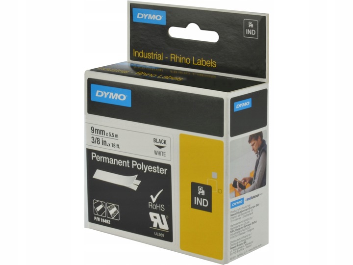 ORYGINALNA Taśma DYMO IND Rhino poliestrowa 9mm x 5,5m biała / czarny