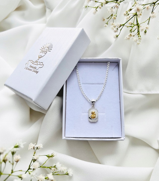 SREBRNY ZESTAW ŁAŃCUSZEK PANCERKA I MEDALIK KOMUNIJNY MATKA BOSKA