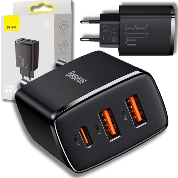 BASEUS SZYBKA ŁADOWARKA DO TELEFONU 2XUSB USB-C MOCNY ZASILACZ 30W 3A PD QC