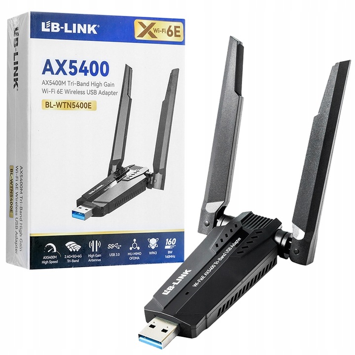 Adapter Karta Sieciowa WiFi na USB z Antenami Tri-Band 2.4GHz 5GHz 6GHz