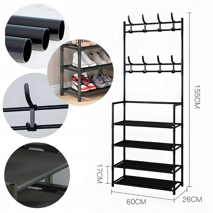Wieszak na ubrania buty stojący do przedpokoju z półkami czarny
