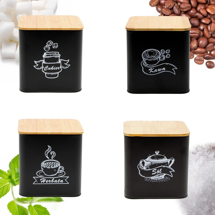 POJEMNIKI KOMPLET KAWA HERBATA CUKIER SÓL CZARNY METALOWY BAMBUS ZESTAW