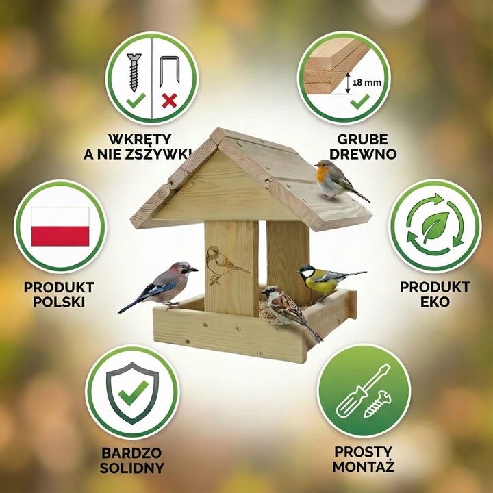 ECO Karmnik Dla Ptaków XXL+ DREWNIANY Solidny DIY Łatwy Montaż BUDKA