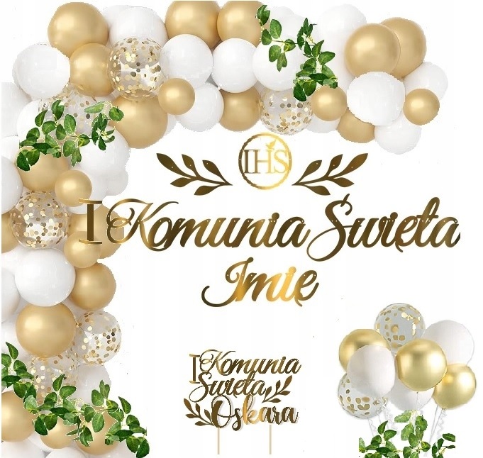 Balony dekoracje liście na KOMUNIĘ TOPPER + IMIĘ