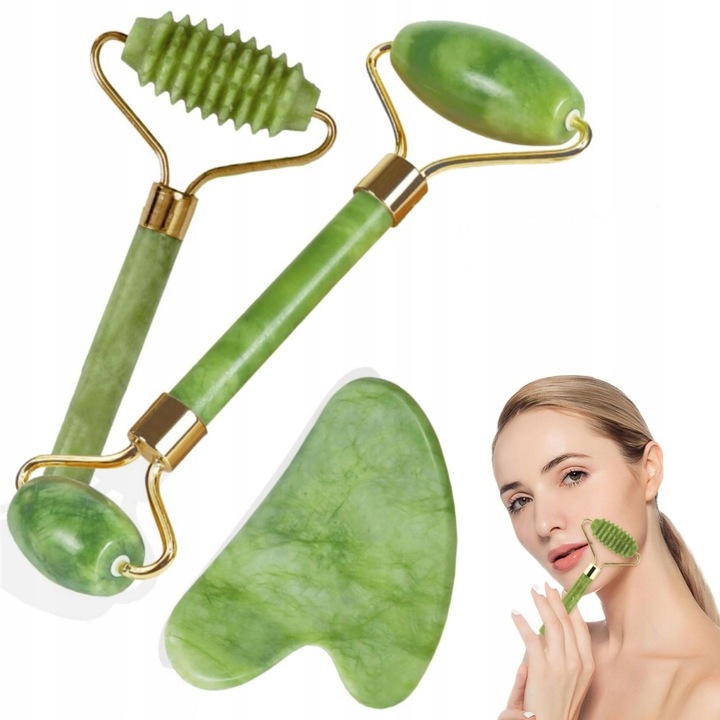 3w1 Masażer do twarzy KAMIEŃ GUA SHA z jadeitu zestaw roller wałek masażu