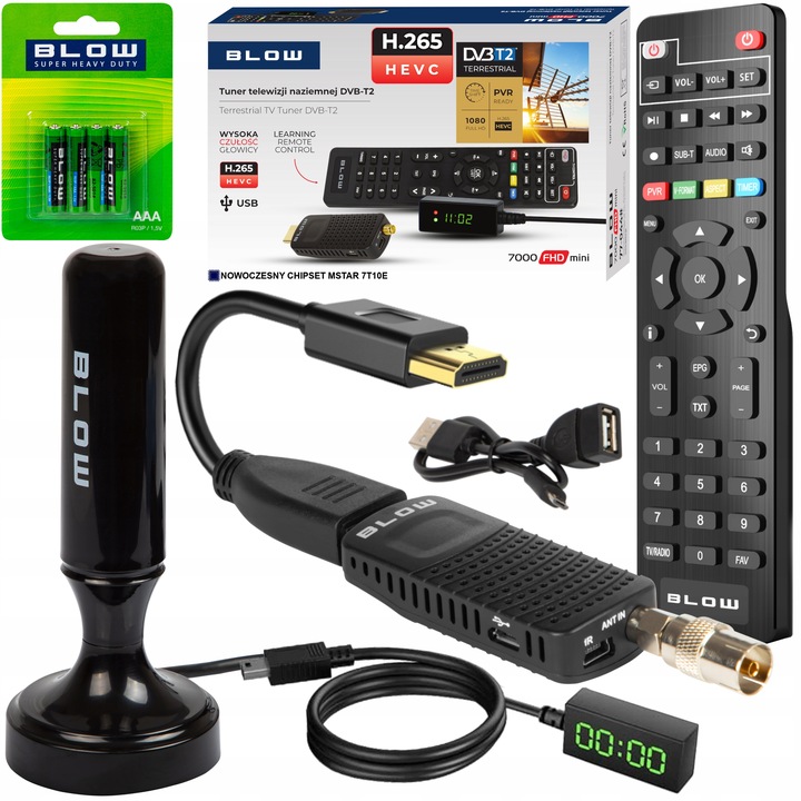 DEKODER TUNER TV DVB-T2 HEVC H.265 FULL HD MINI PILOT ANTENA 4x BATERIA AAA