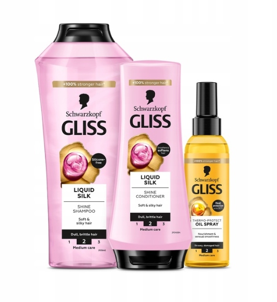 Gliss Liquid Silk szampon 400ml + balsam 200ml + Olejek termoochornny 150ml