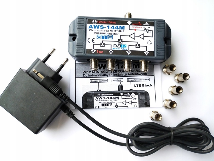 (1szt) Rozdzielacz Wzmacniacz 1/4TV AWS-144M bez zakłóceń LTE +