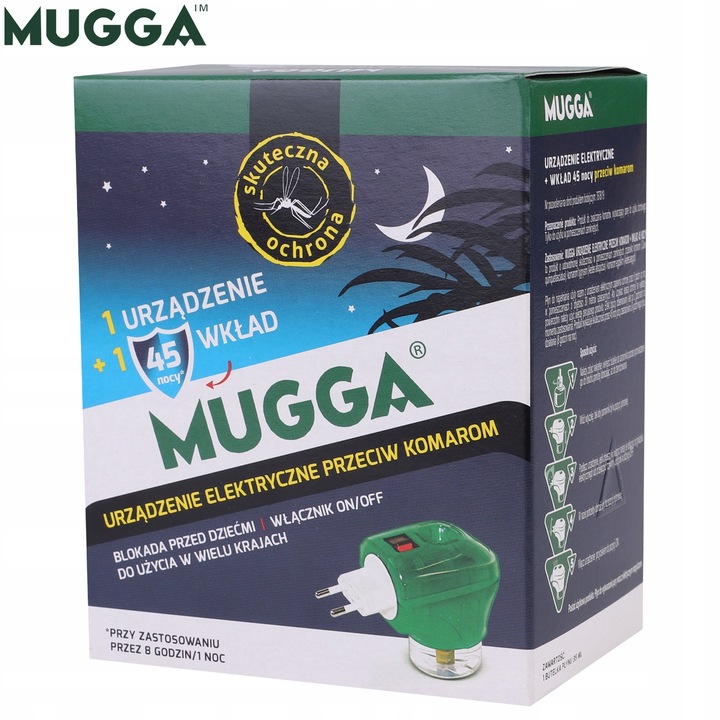 MUGGA na KOMARY ELEKTRO + 2 x Wkład płyn 5ml ODSTRASZACZ do kontaktu ZESTAW