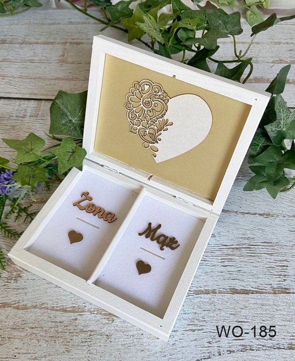 Pudełko na koperty + obrączki białe złote dekory