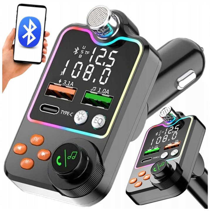 TRANSMITER BLUETOOTH SAMOCHODOWY BT 5.0 ŁADOWANIE QC 3x USB RGB AUDIO