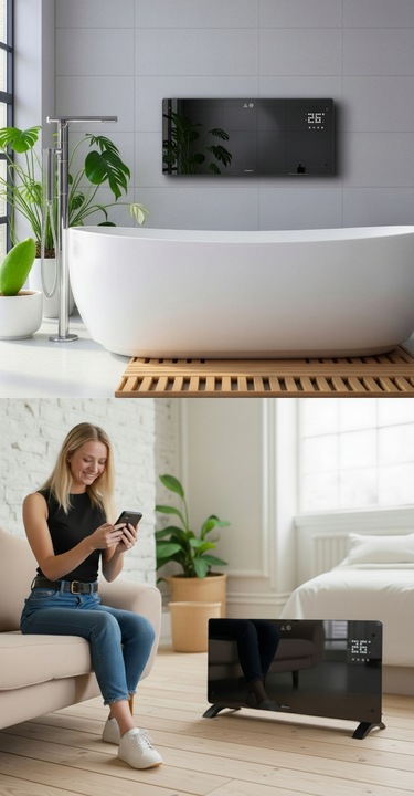 Grzejnik elektryczny szklany konwektorowy Glow 2500W LED WiFi Tuya czarny