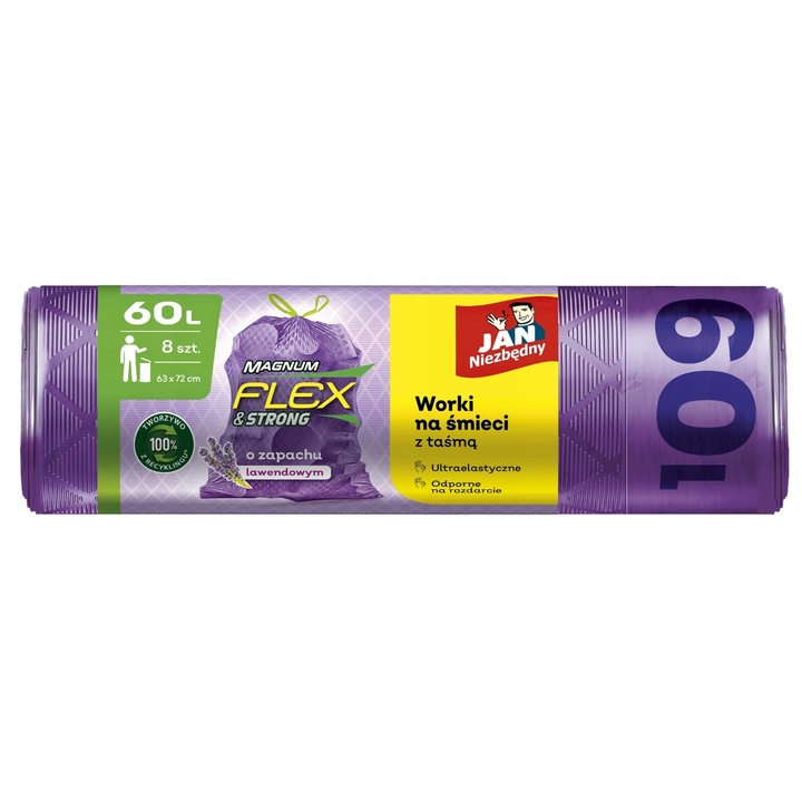 6X WORKI NA ŚMIECI Z TAŚMĄ 60L 6X8 SZT LAWENDOWE MAGNUM FLEX JAN