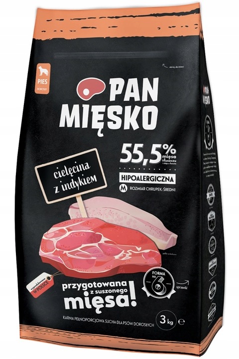 PAN MIĘSKO Cielęcina z Indykiem 3kg Sucha karma dla psa chrupki M