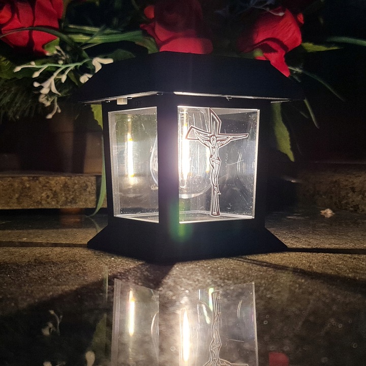 ZNICZ na Grób LED LAMPION Solarny na Cmentarz STATUETKA z KRZYŻEM Nowość