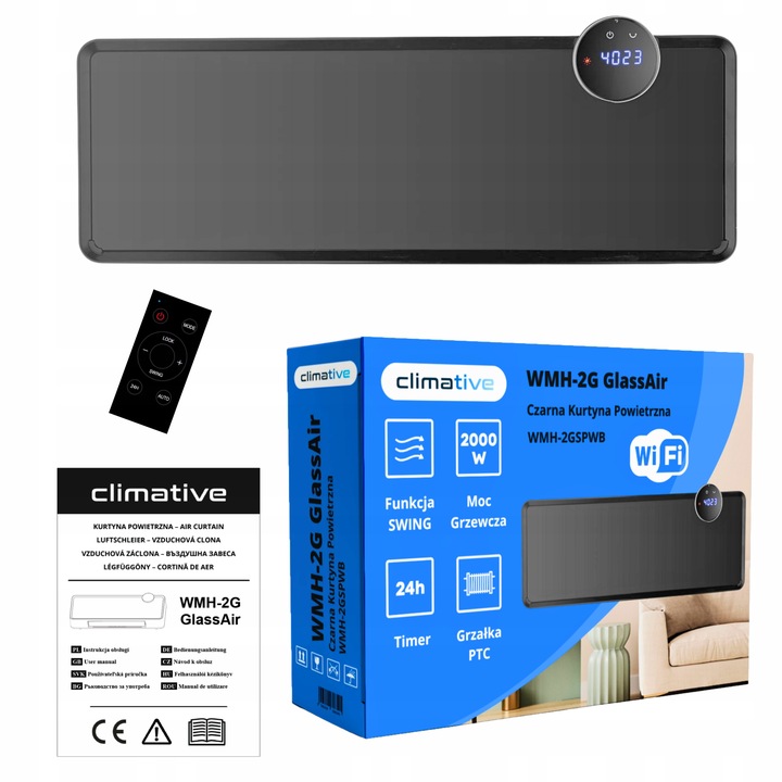 Kurtyna powietrzna szklana GlassAir 2000W grzejnik elektryczny WiFi