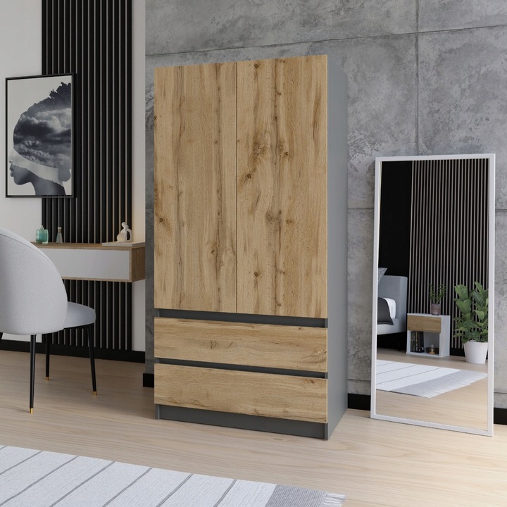 SZAFA ANTRACYT DĄB WOTAN GARDEROBA DUŻA NA UBRANIA OTWIERANA SZUFLADY