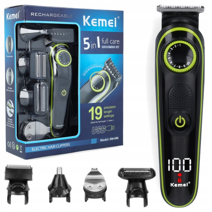 GOLARKA MĘSKA TRYMER DO BRODY WLOSÓW ZESTAW 5W1 KEMEI BARBER USB