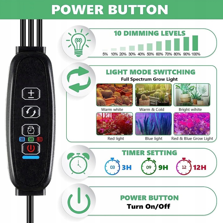 LAMPA DO WZROSTU UPRAWY ROŚLIN LED GROW LIGHT TIMER 9 POZIOMÓW ŚWIECENIA