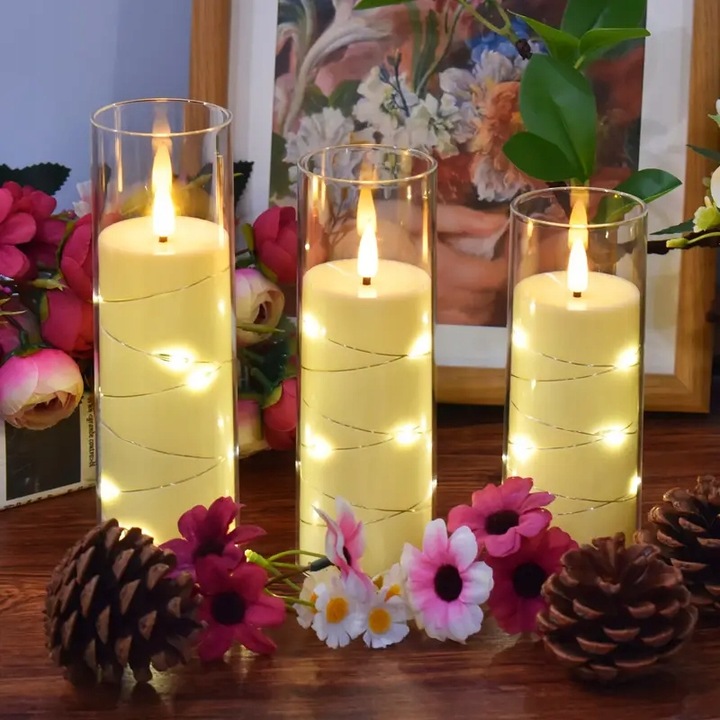 2 x Zestaw 3 ŚWIECA LED ELEKTRYCZNY WKŁAD DO ZNICZY Z BATERIAMI I DRUCIKIEM