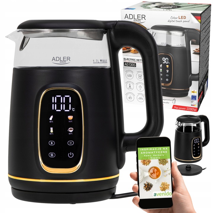 CZAJNIK ELEKTRYCZNY Z REGULACJĄ TEMPERATURY SZKLANY 1,7L Czarny Do