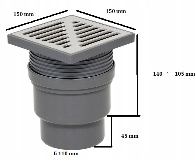 KRATKA ŚCIEKOWA FI 110 PROSTA PIONOWA NIERDZEWNA REGULOWANA 150X150 MM