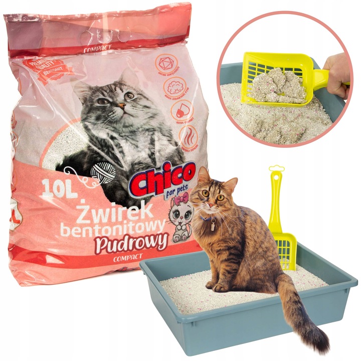 Żwirek Dla Kota Bentonitowy Drobny Zbrylający Compact Pudrowy 10L