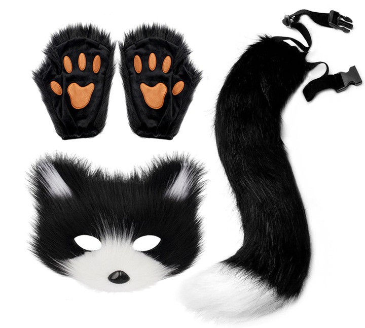 Sztuczne futro ogon lisa kot wilk przebranie karnawał zestaw pluszowa maska