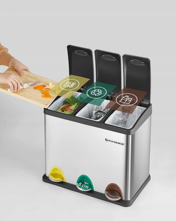 Kosz na śmieci odpady METALOWY 3 KOMORY do segregacji recykling 24l srebrny