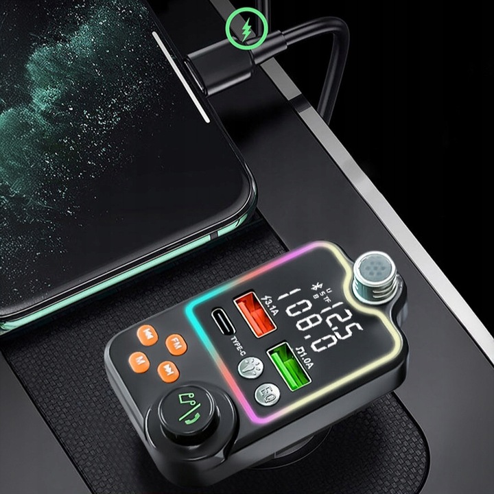 TRANSMITER BLUETOOTH SAMOCHODOWY BT 5.0 ŁADOWANIE QC 3x USB RGB AUDIO FM