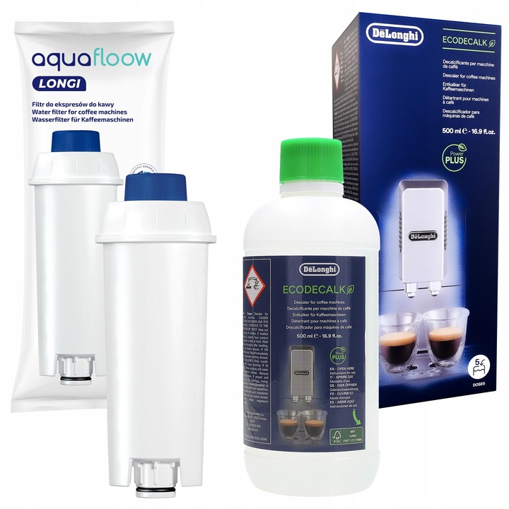 AquaFloow filtr wody do ekspresu Delonghi + odkamieniacz Delonghi 0,5l