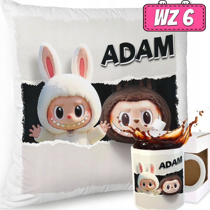 ZESTAW PODUSZKA KUBEK SŁODKI POTWOREK LABUBU LALKA WZORY PREZENT IMIĘ