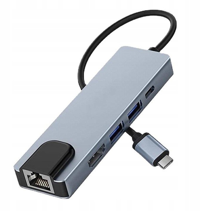 Adapter HUB 5w1 USB-C przejściówka USB 2.0 PD HDMI 4K SD LAN