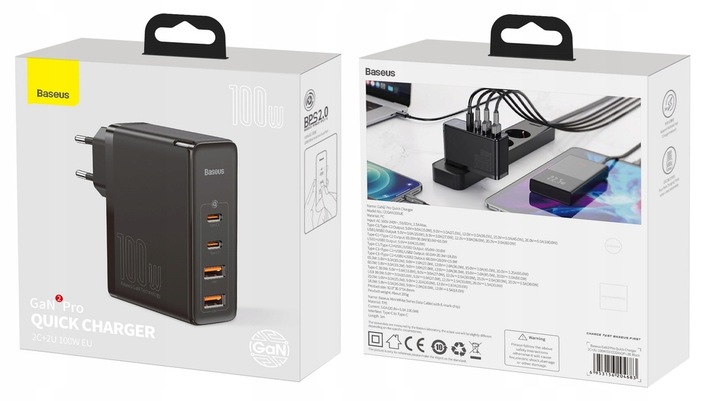 Ładowarka BASEUS GaN2 PRO 100W 2x USB-C/USB PD QC4 + Kabel USB-C
