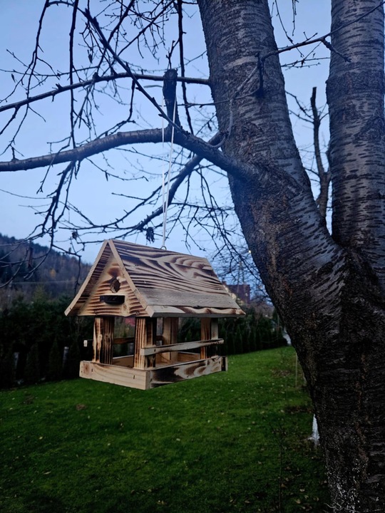 Drewniany KARMNIK XXL DLA PTAKÓW Solidny karmik opalane drewno