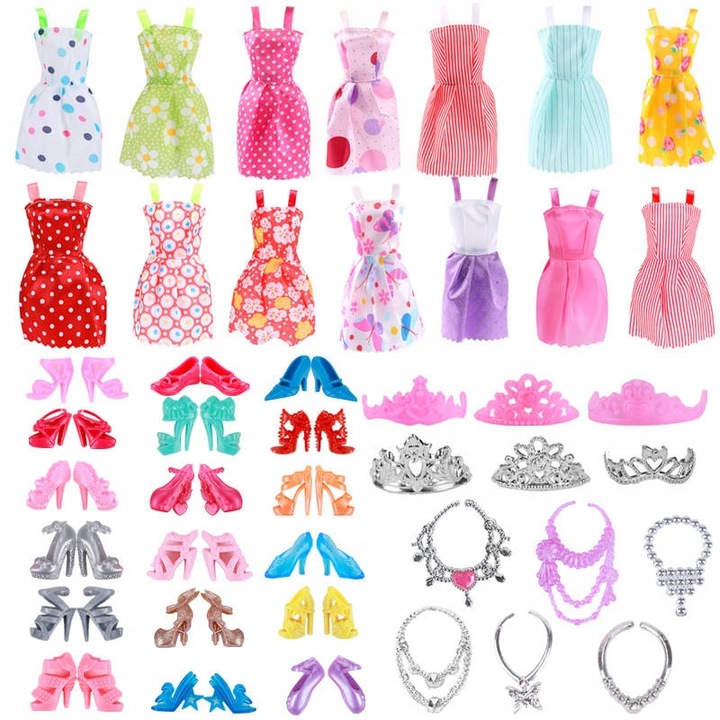 SUKIENKI DLA LALEK + AKCESORIA GADŻETY UBRANKA WÓZEK MEGA ZESTAW 125 SZT