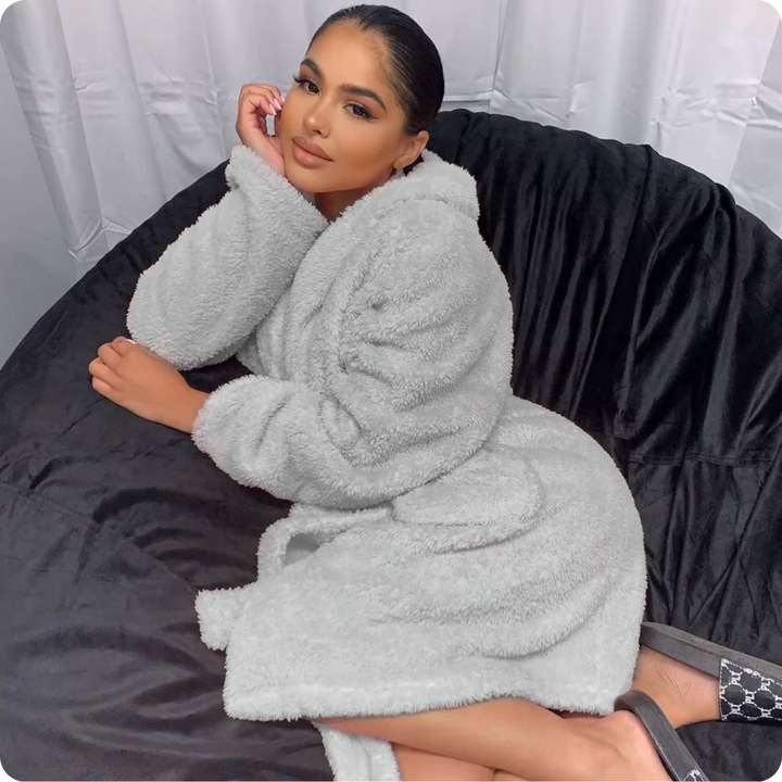 Szlafrok Damski Ciepły Miękki Gruby z Kapturem Szary Wiązany W Talii Zimowy