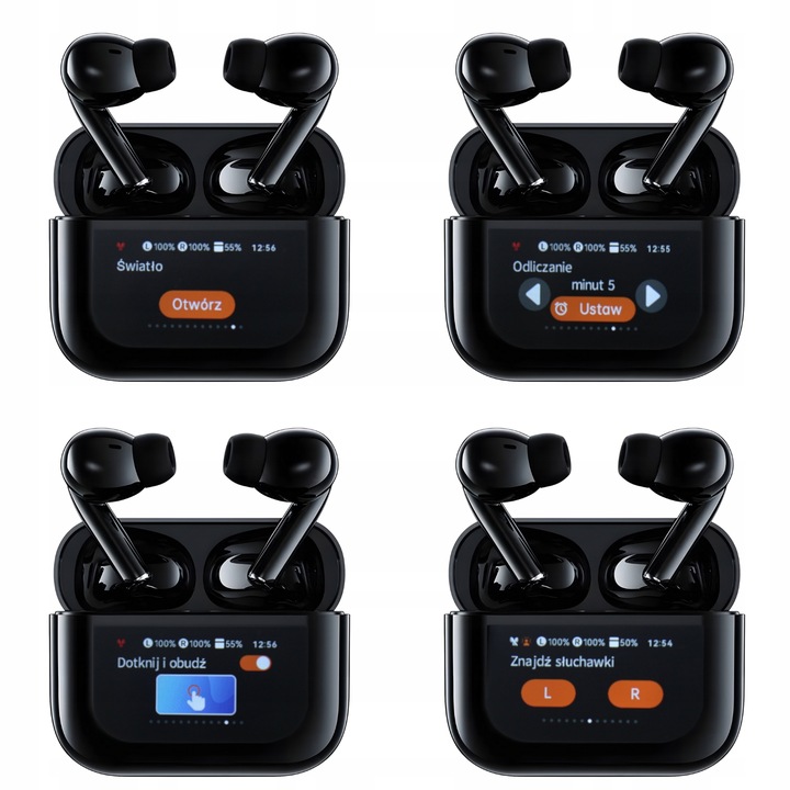 Słuchawki Bezprzewodowe Douszne PRO Lekkie ANC Mikrofon Czarne Wyświetlacz