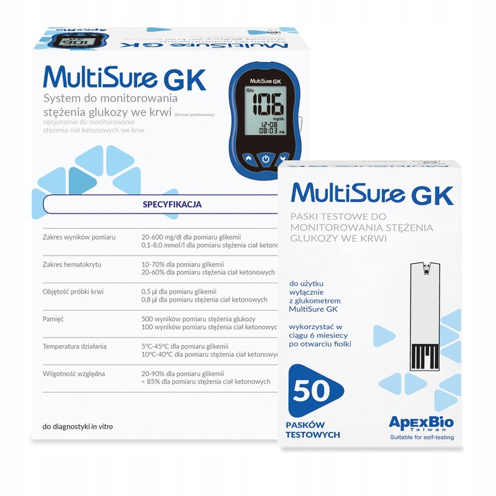 Ketometr Glukometr 2w1 Multisure GK pomiar glukozy ketonów + paski glukoza
