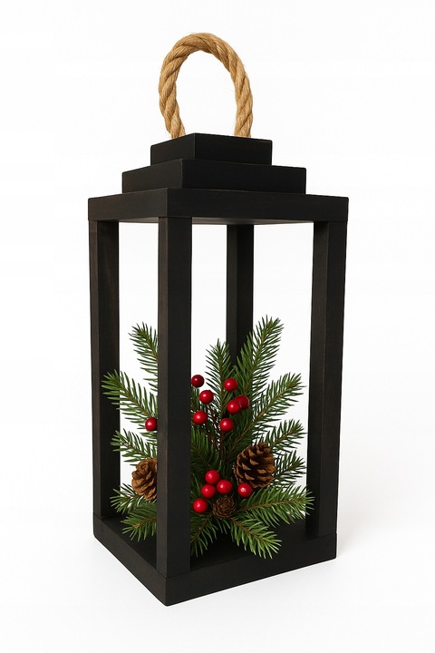 Lampion na Cmentarz Drewniany Latarenka Stroik Grób czarny z uchwytem 30 cm