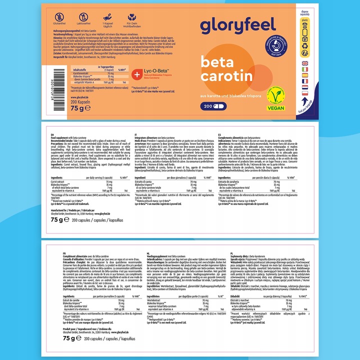 BETA KAROTEN SUN - 200 wegański kapsułek naturalny BETA KAROTEN gloryfeel
