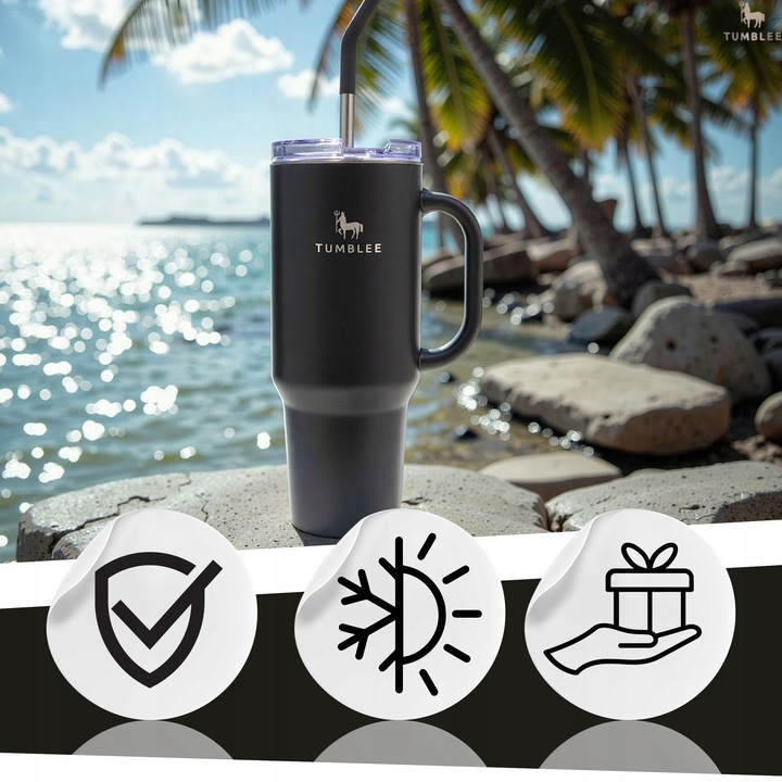 DUŻY Kubek Termiczny ze STALOWĄ SŁOMKĄ do Auta na Kawę Herbatę Zimne Napoje