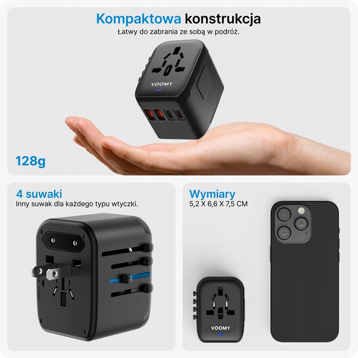 Wtyczka światowa VOOMY - 170+ krajów, 20W, 2 USB-C & 2 USB-A, Czarna