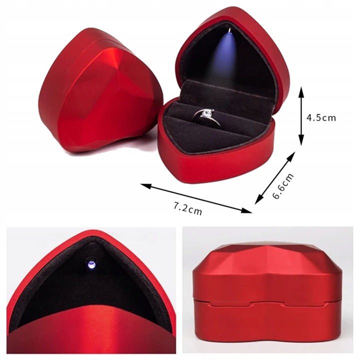CZERWONE PUDEŁKO SERCE NA PIERŚCIONEK ZARĘCZYNOWY ZE ŚWIATEŁKIEM LAMPKĄ LED