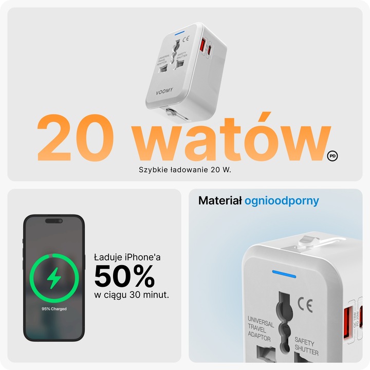 Voomy 20W Uniwersalna Wtyczka Światowa - 150+ krajów - USB-C & USB-A Biała