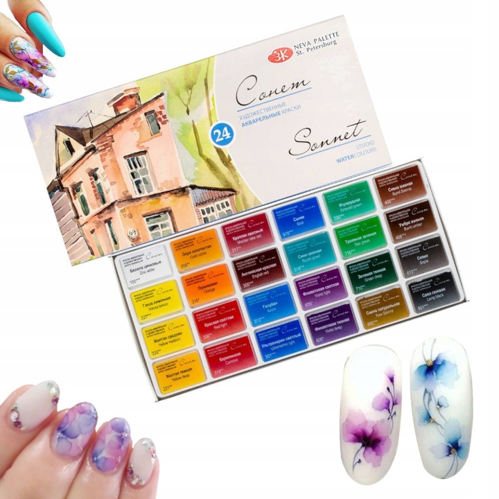 Zestaw AKWARELI SONNET 24 k do Zdobień Paznokci - oryginalne Farby Manicure